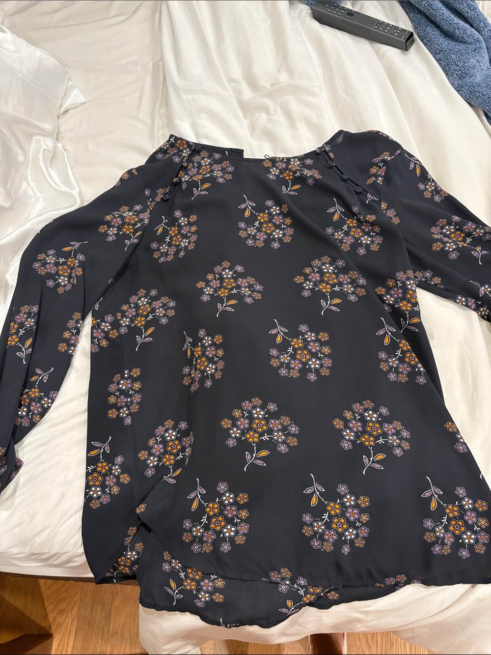 LOFT navy Floral Long-Sleeve blouse with Mustard & Lavender Accents